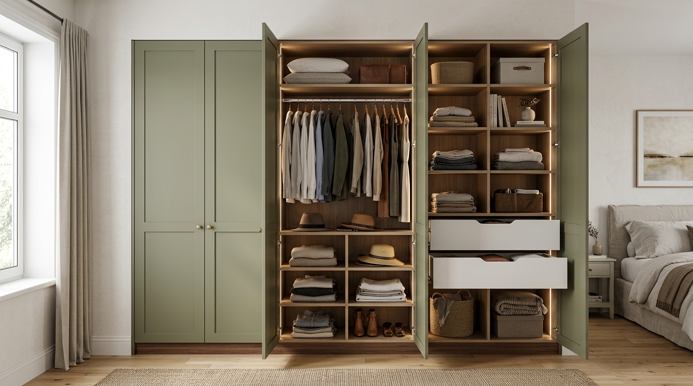 Modular Bedroom Cabinet Components with Open Storage, Hanging Rods & Shutter Finishes